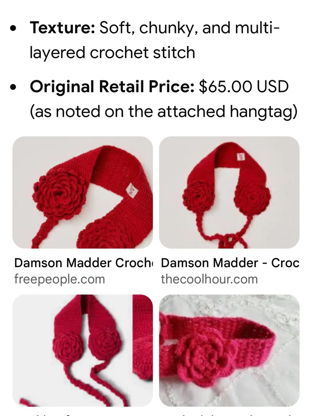 Free People Red Crochet Floral Ear Warmer Scarf